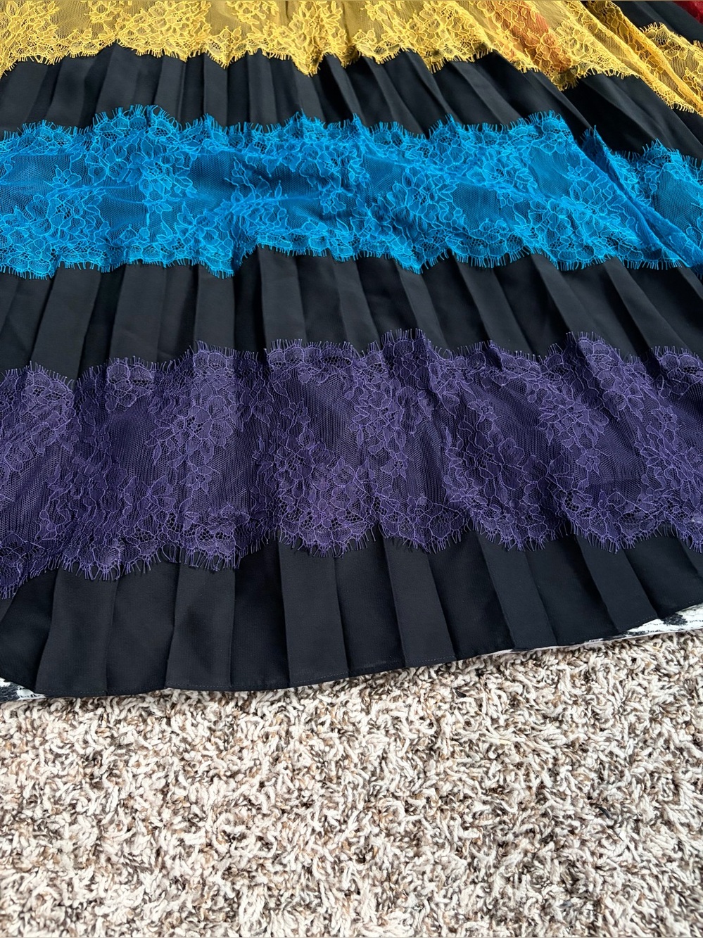 Alice + Olivia Romona Pleated Maxi Skirt Sz 4 Rainbow Lace Panel Black Mesh Long - Picture 11 of 16